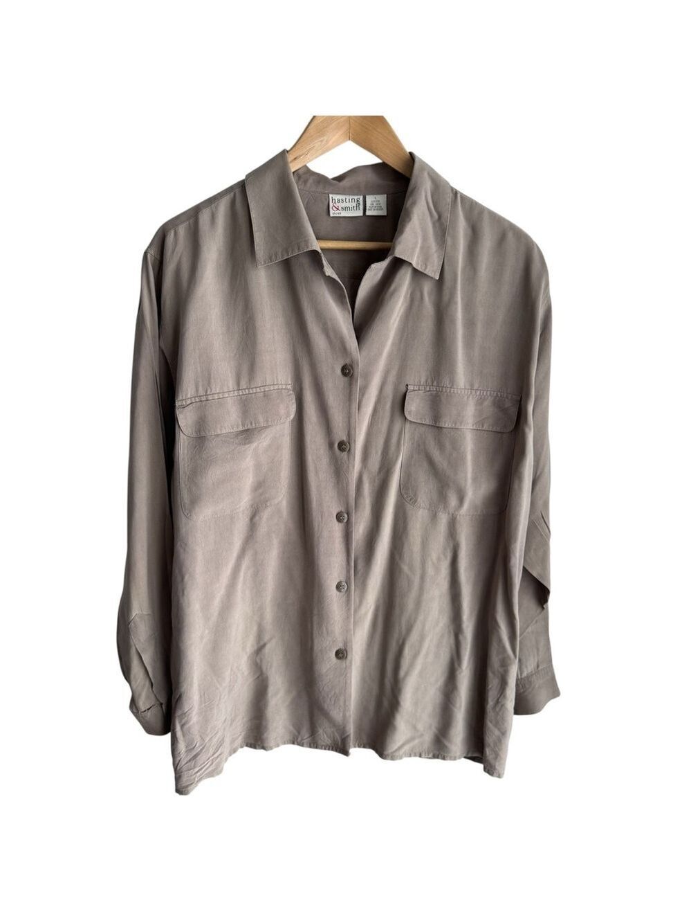 Vintage 100% Silk Shirt Sz L Beige Taupe Button Down HOLES